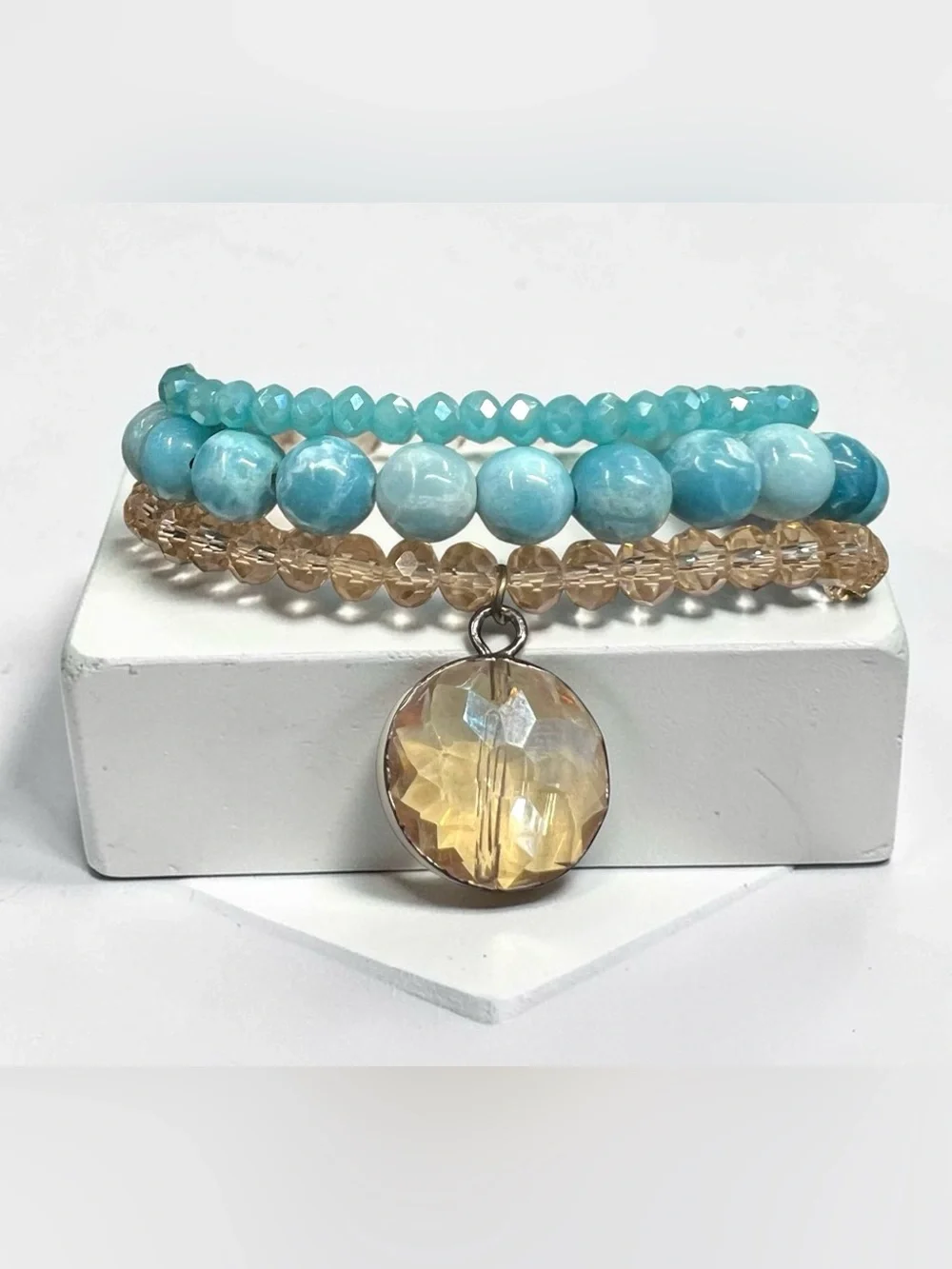 Larimar and Champagne Bead Bracelet Stack with Faceted round Charm